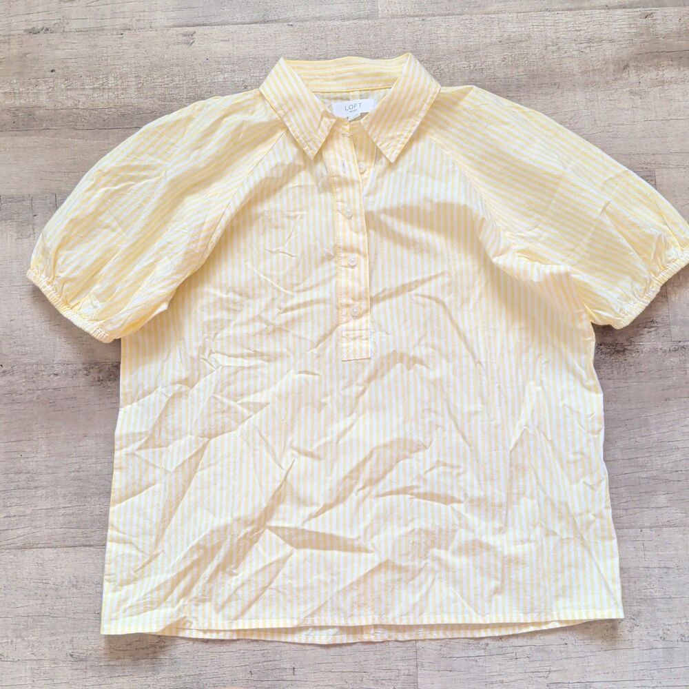 LOFT Outlet Yellow White Striped Short Sleeve Button Front Shirt Blouse NWT XS